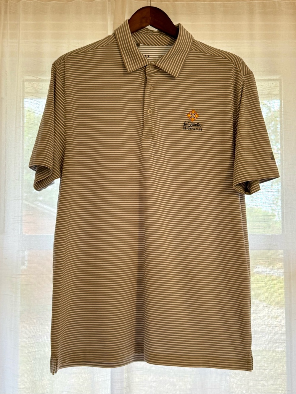 Under Armour Grey and White Striped Polo with Branded La Quinta Resort Logo - L